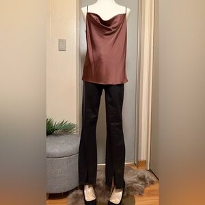 BCBGMaxAzria Chocolate Satin Cowl Top with Black Boot-Cut Pants